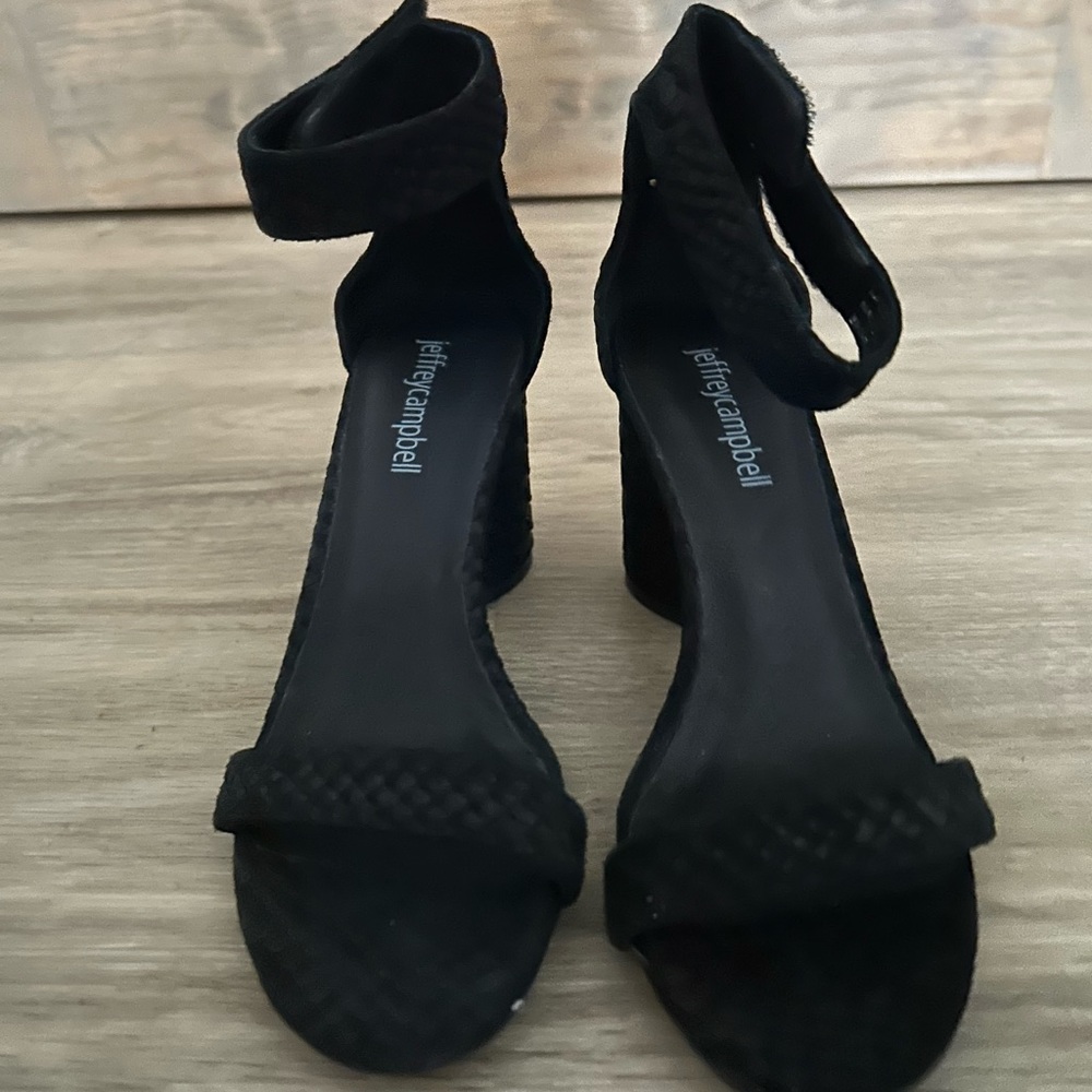 Jeffery Campbell Laura Ankle Strap Black Quilted Heel